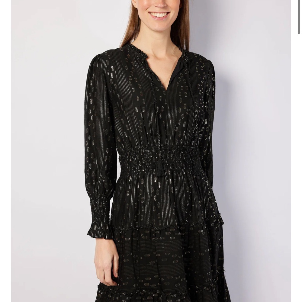 NWT Sail to Sable Black & Gold Lurex Smocked Waist Midi Dress XS